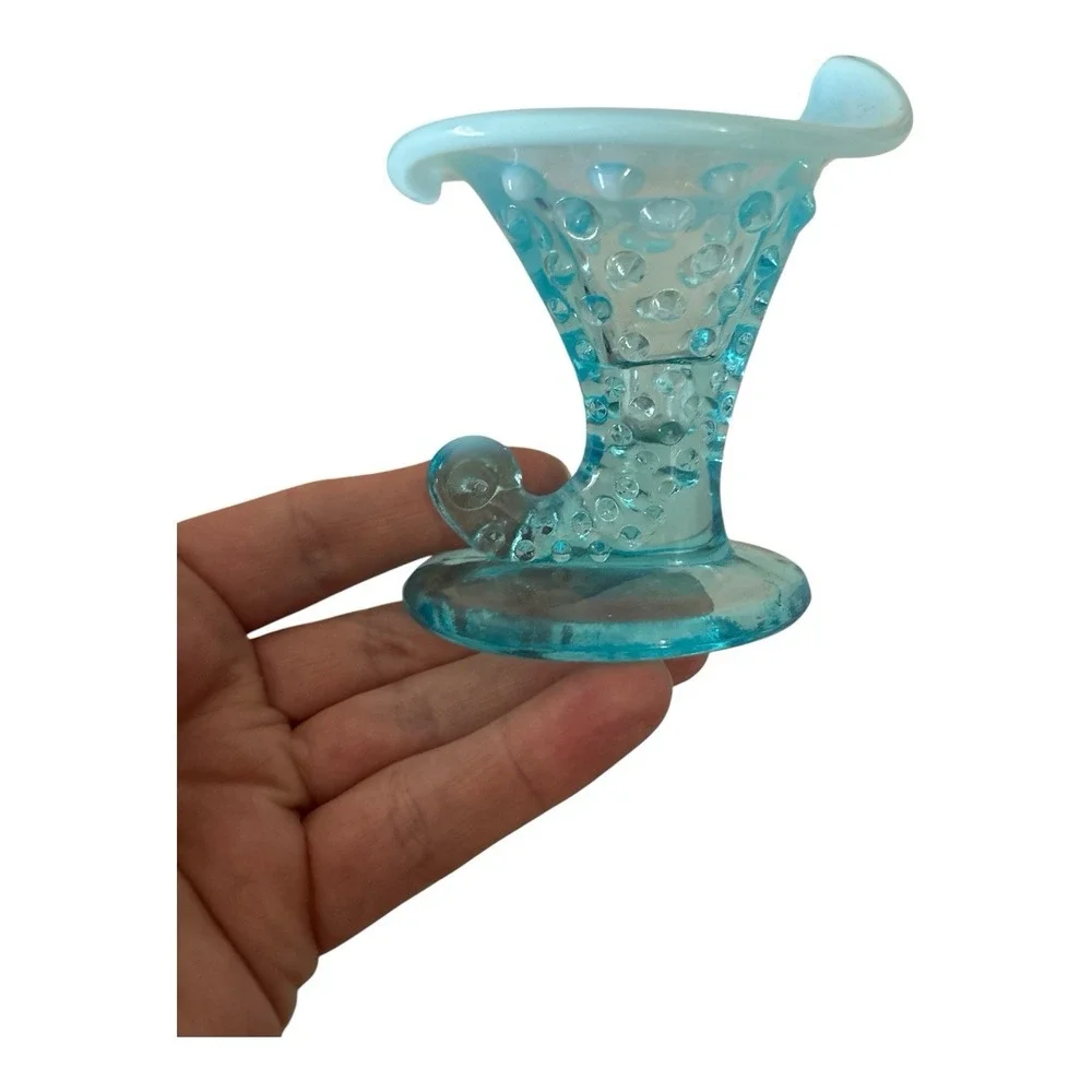 Vintage Fenton Blue Opalescent Hobnail Cornucopia Vase/Candle Holder Set #11